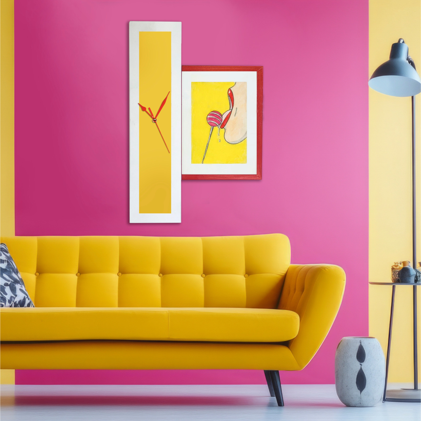 Scatto – Orologio da Parete Artigianale con Disegno Pop Art Fatto a Mano e Pannello in Tanganica Bianco | Design Creativo e Contemporaneo