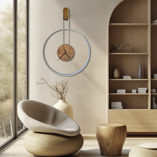 Arco – Orologio da Parete Artigianale in Legno di Castagno e Struttura Laccata Grigia | Design Moderno e Minimalista