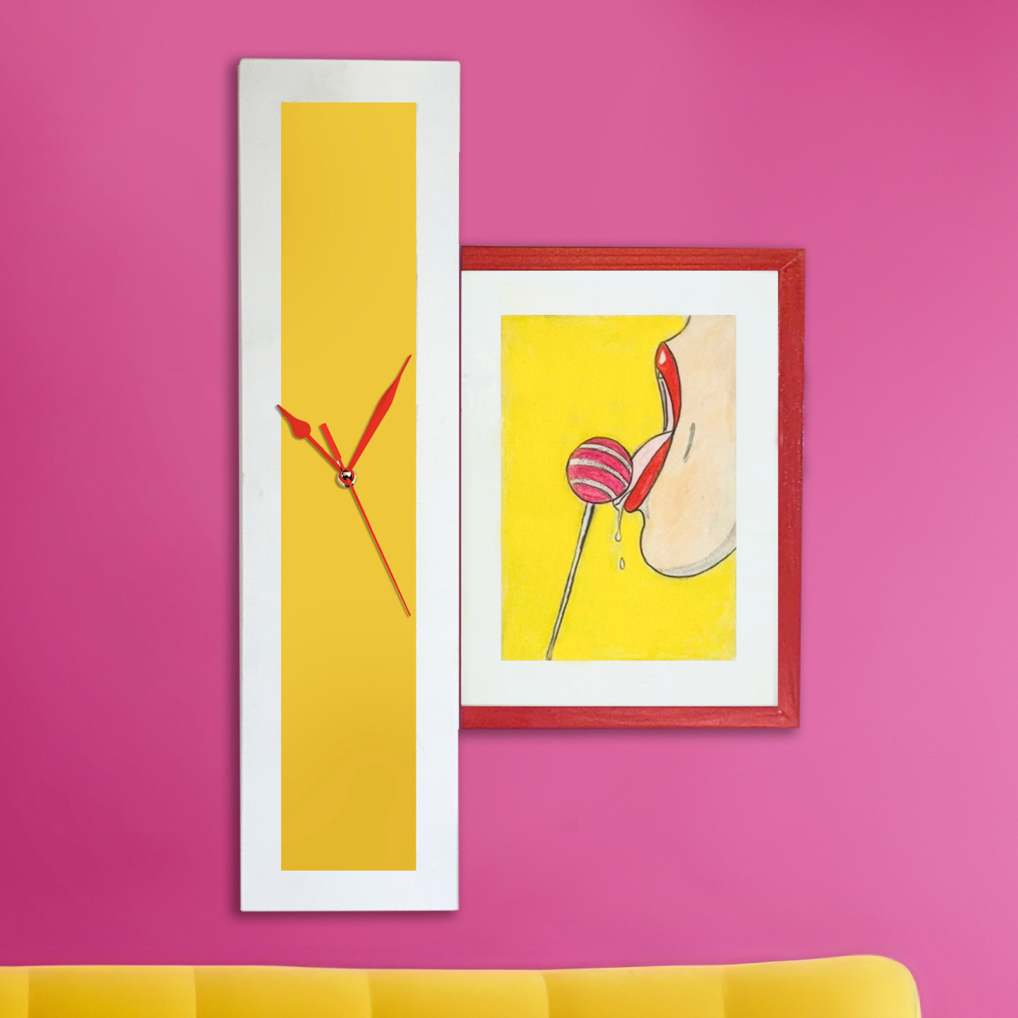 Scatto – Orologio da Parete Artigianale con Disegno Pop Art Fatto a Mano e Pannello in Tanganica Bianco | Design Creativo e Contemporaneo